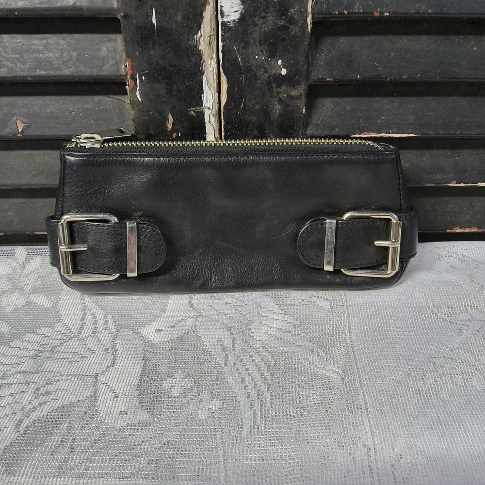 Banana Republic Black Leather Zip Clutch with Silver Buckle Accents